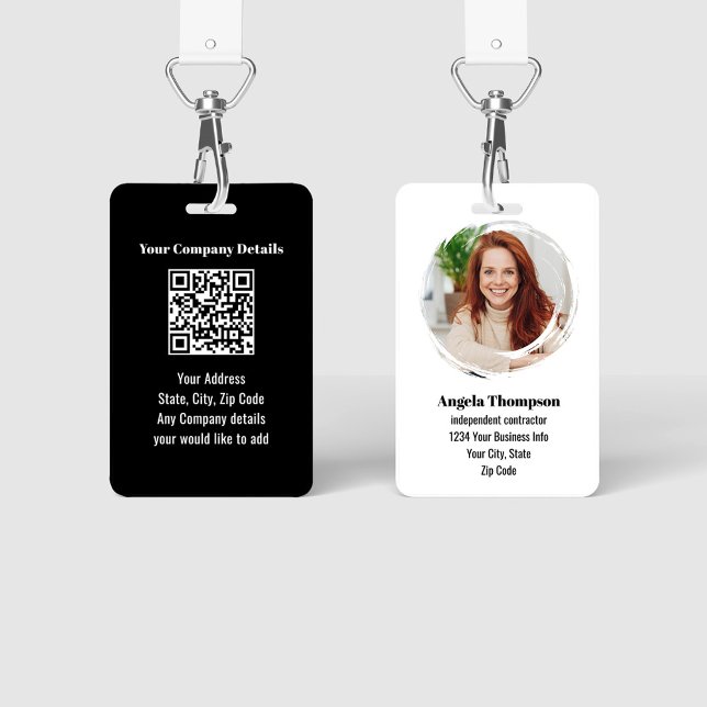 Badge de code QR de photo d'employé moderne noir (Black and white modern business ID badge. with photo and QR code.)