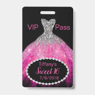 Badge de fête VIP Sweet 16 robe à paillettes roses