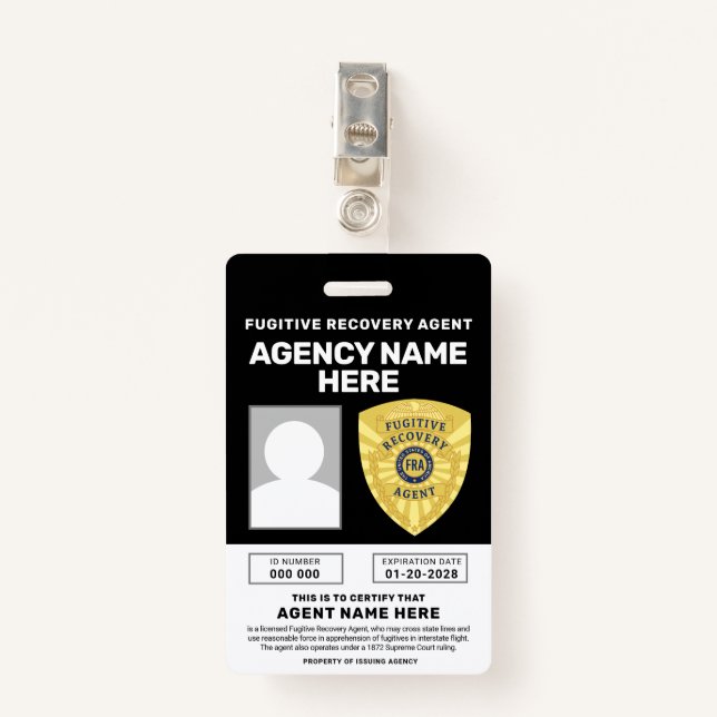 BADGE DE L'AGENT DE RÉCUPÉRATION FUGITIVE (Devant avec clip)