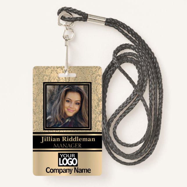 Badge de logo et photo en or et noir (Devant avec lanière)