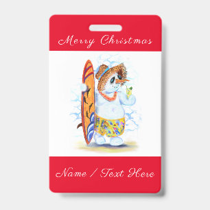 Badge de Noël drôle avec surfeur bonhomme de neige