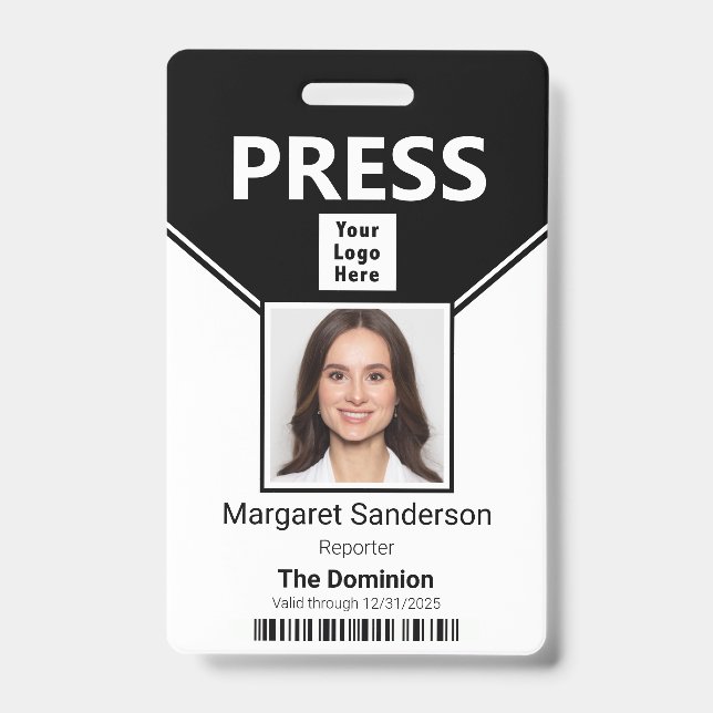 Badge de presse avec logo, photo et code-barres (Avant)