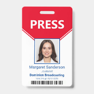 Badge de presse éditorial avec photo et code-barre