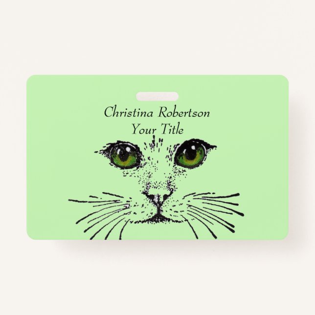 Badge Dessin Joli visage de chat yeux lumineux vert clai (Devant)