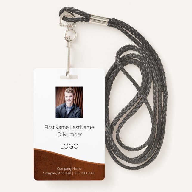 Badge d'ID employé Brown rustique avec code barre (Devant avec lanière)