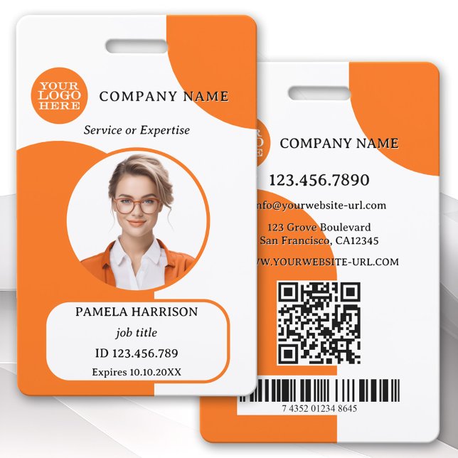 Badge d'ID photo Bold Orange White Retro (Photo ID badge featuring your custom photo and logo on a colorful orange white retro design)