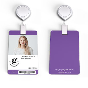 Badge d'ID photo violet avec code barre