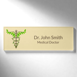 Badge D'identification Alternative Médicale Caduceus Vert Feuilles Beige