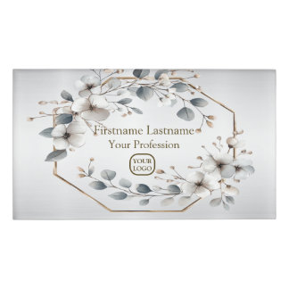 Badge D'identification Aquarelle Fleurs blanches Cadre doré Argent Turquo