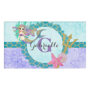 Badge D'identification Aquarelle mignonne de sirène Monogramme Turquoise