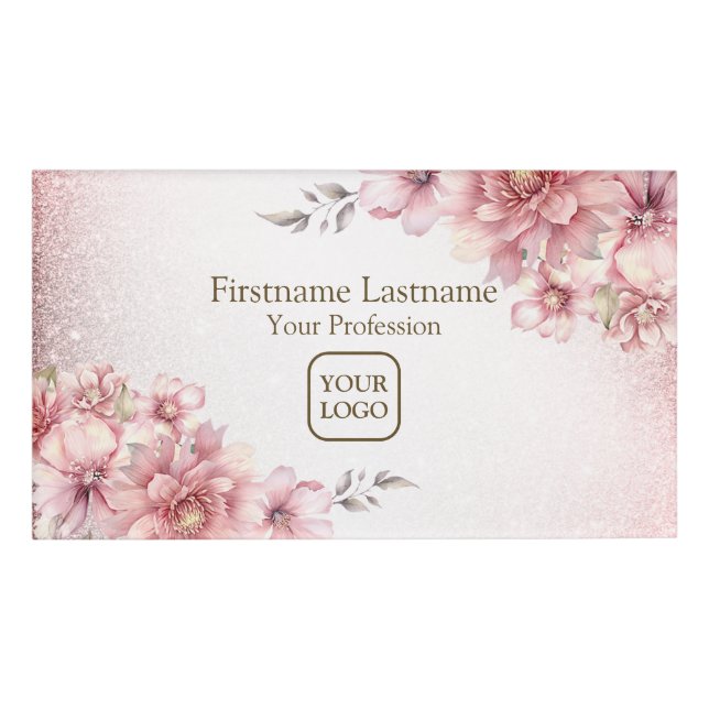 Badge D'identification Aquarelle rose Fleurs Parties scintillant brillant (Devant)