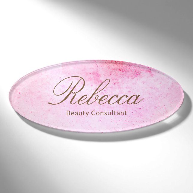 Badge D'identification Aquarelle rose Personnel Employé Nom magnétique Ba (Devant)