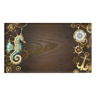 Badge D'identification Arrière - plan en bois avec cheval de mer mécaniqu