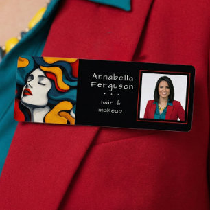 Badge D'identification Art Pop Moderne Rétro Photo de Maquillage de Cheve