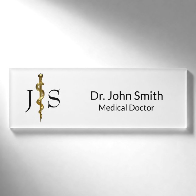Badge D'identification Baguette Médicale d'Asclepius Gold sur blanc (Devant)