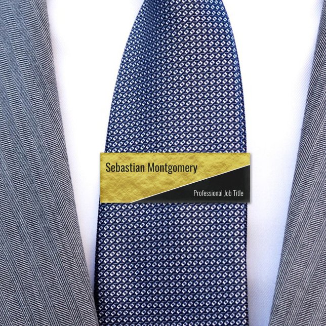 Badge D'identification Balise de nom professionnel géométrique Faux Gold  (diagonal black and gold name tag)