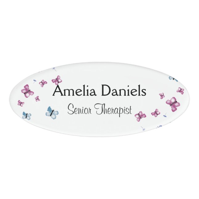 Badge D'identification Beau papillon rose et bleu (Devant)