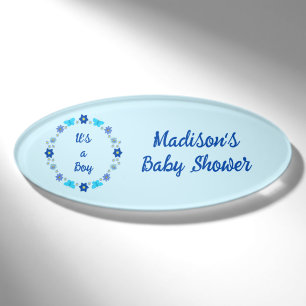 Badge D'identification Bébé bleu Papillons et Baby shower de fleurs