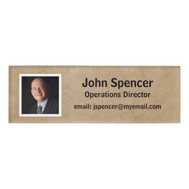 Badge D'identification Bige et blanc réutilisable photo horizontale magné (Devant)