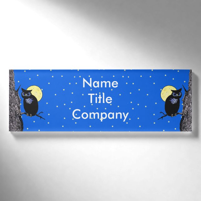 Badge D'identification Black Night Owl Illustration Yellow Moon Stars (Devant)