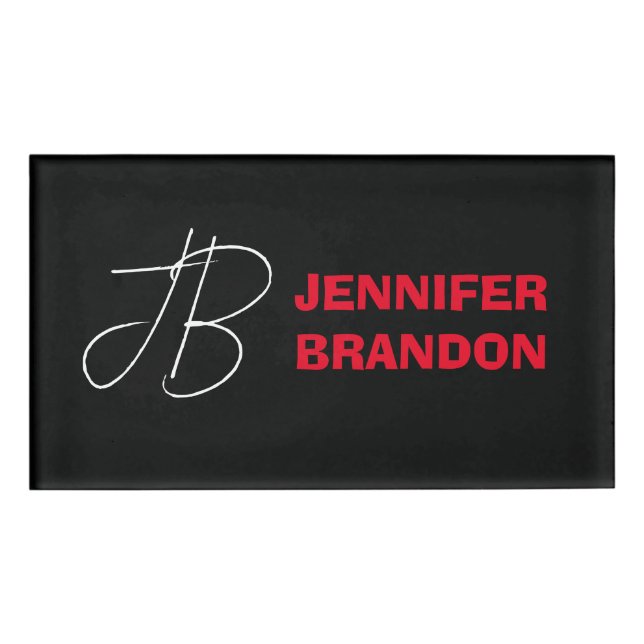 Badge D'identification Black White Red Handwriting Monogramme Ajouter un  (Devant)