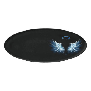 Badge D'identification Blue Glowing Angel Wings on black background