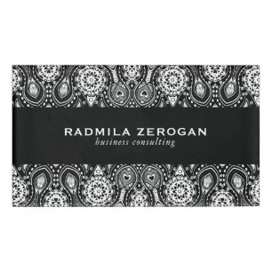 Badge D'identification Cadre floral noir et blanc de dentelle