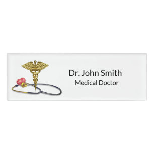 Badge D'identification Caducée d'or & Stéthoscope médical avec Cœur