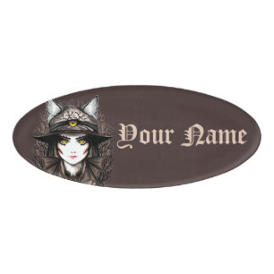 Badge D'identification Chat de sorcière Halloween Déplaisant Portrait mig