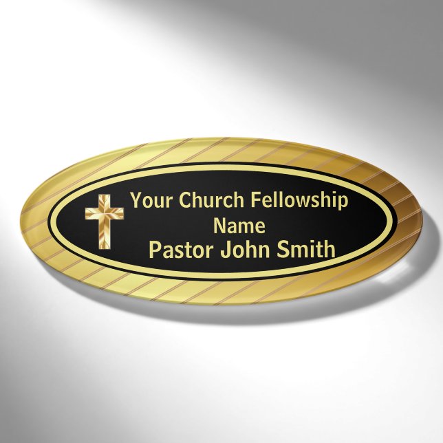 Badge D'identification Church Pastor Classy Or Et Noir Oval (Devant)