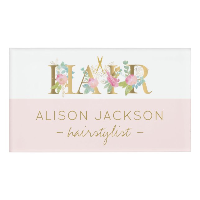 Badge D'identification Coiffeur salon or rose blush glam coiffeuse (Devant)