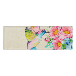 Badge D'identification Colibri et fleurs d'aquarelle