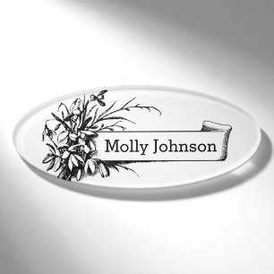 Badge D'identification Conception florale ovale noire et blanche sur la