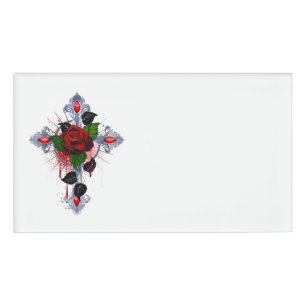 Badge D'identification Croix d'argent avec une rose rouge