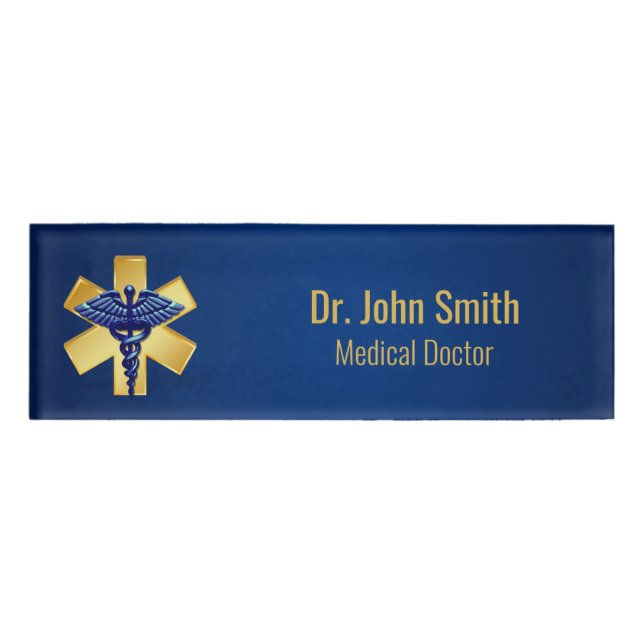 Badge D'identification Croix d'or bleue Médicale 3D Caduceus (Devant)