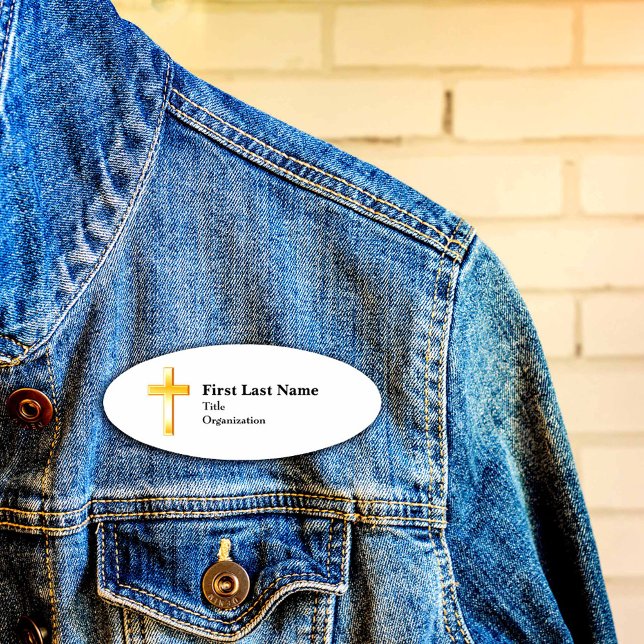 Badge D'identification Croix d'or chrétienne, acrylique de 3" x 2", magné (3" x 2" Acrylic, Magnetic Name Tag, Christian Gold Cross)