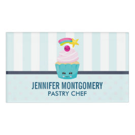 Badge D'identification Cupcake bleu mignon avec visage Kawaii