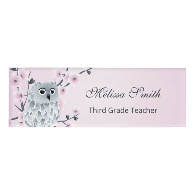 Badge D'identification Cute Owl Cherry Blossoms Enseignant (Devant)