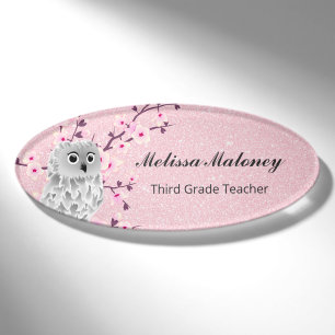 Badge D'identification Cute Owl Cherry Blossoms Parties scintillant rose 