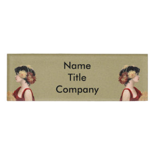 Badge D'identification Dames Robe Rouge Grosse Fleurs Jaunes Rouges Tan