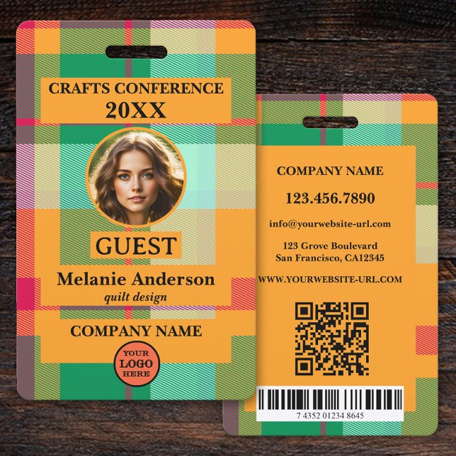 Badge d'identification de conférence à carreaux co (Conference guest photo ID badge featuring your custom photo and logo on a colorful plaid design)