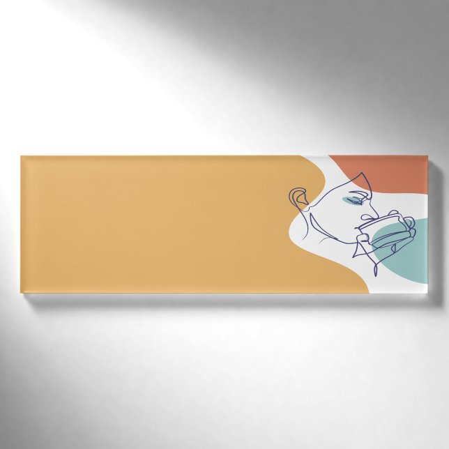 Badge D'identification dessin d'art affiche d'une femme buvant du café (Devant)