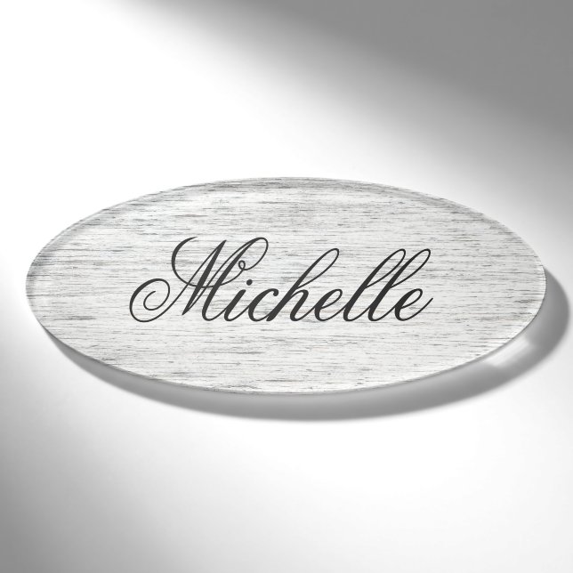 Badge D'identification Écriture féminine patinée bois flotté grain (Devant)