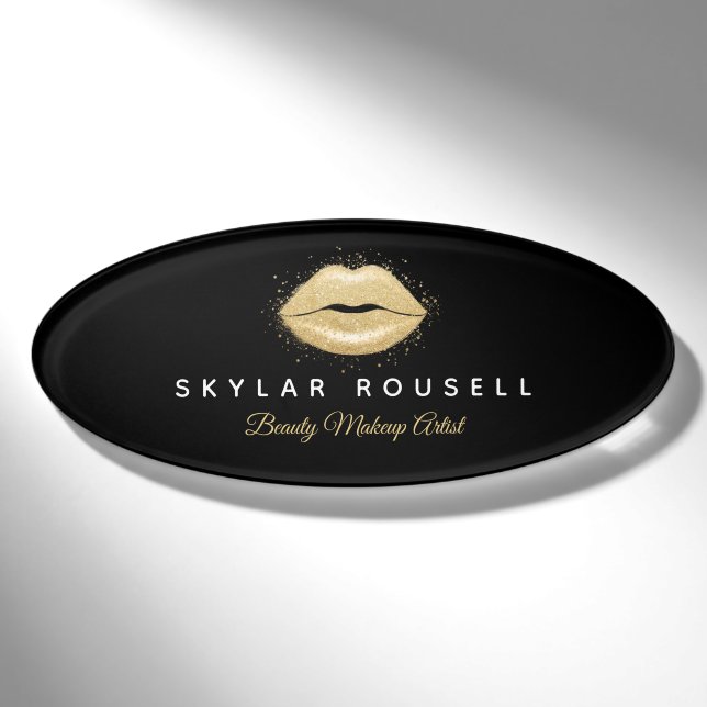Badge D'identification Élégant Black Gold Beauty Lips Luxe Logo (Devant)