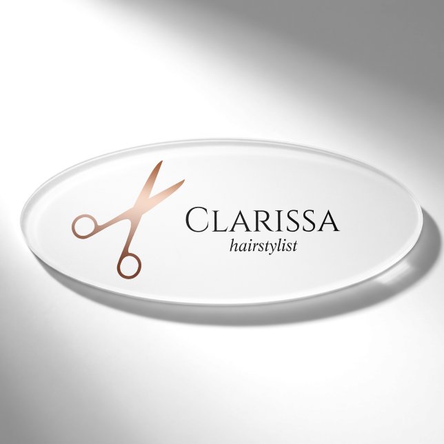 Badge D'identification Elégant ciseaux d'or rose moderne coiffeur (Devant)