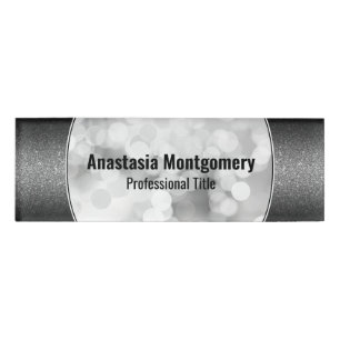 Badge D'identification Elégant Faux Parties scintillant Blanc Bokeh Black