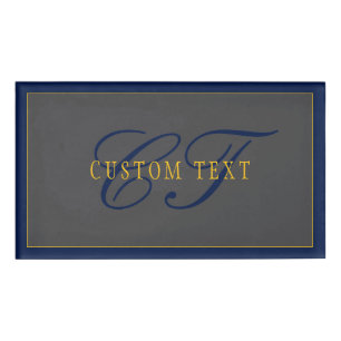 Badge D'identification Élégant Script Monogram Dark Navy Blue Grey & Gold