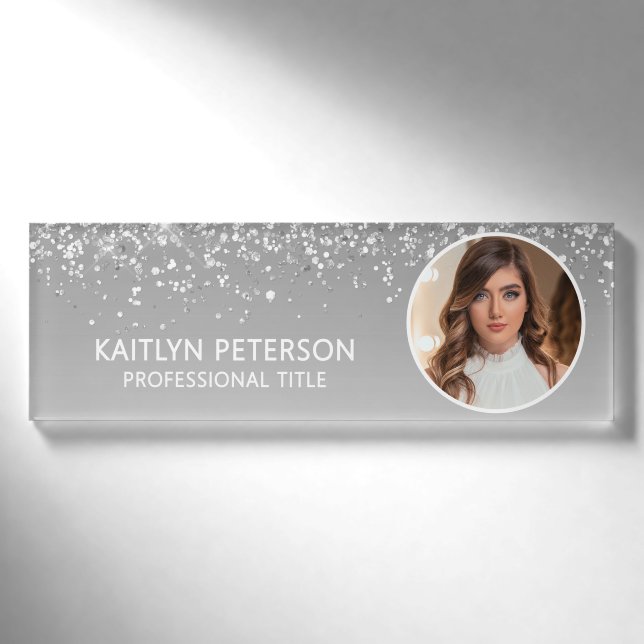 Badge D'identification Elegant Silver Glitter Employee Photo ID (Devant)