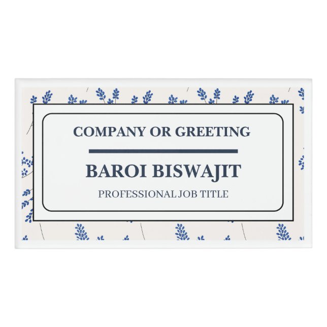 Badge D'identification Étiquette nominative florale blanche et bleue (Devant)