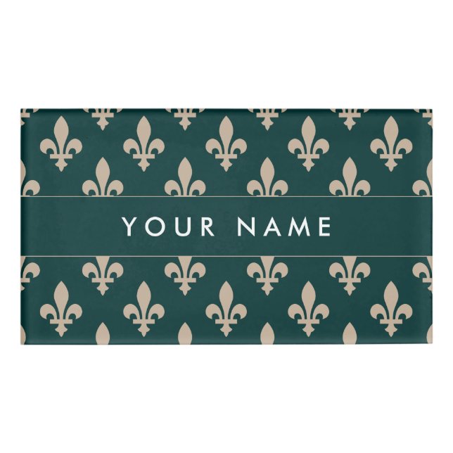 Badge D'identification Fleur de Lis Motif, Français, Royal, Crème, Vert (Devant)
